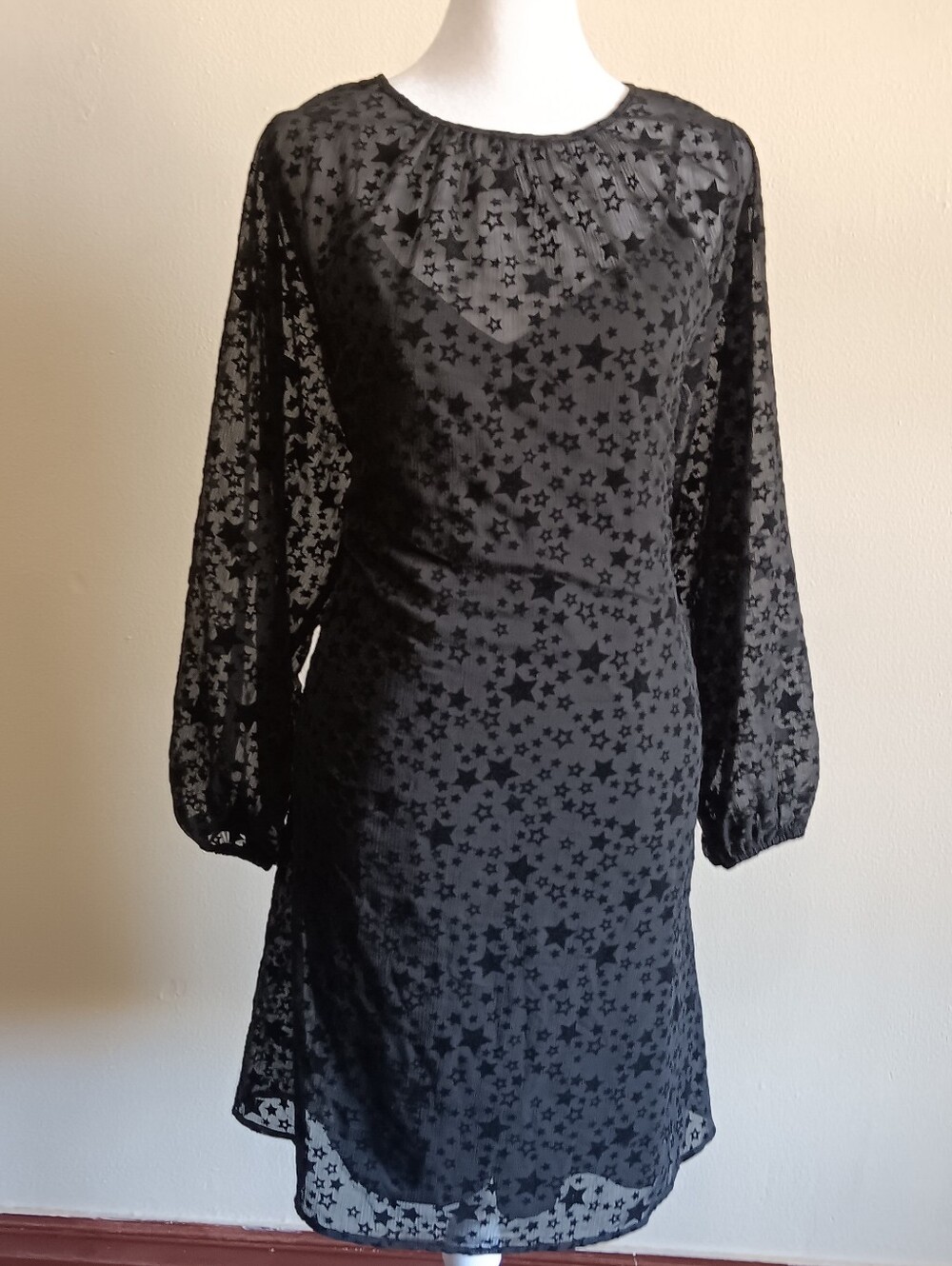 Velvet Burnout Witchy Black Star Dress Loft Medium Lined Midi Long Sleeve Goth